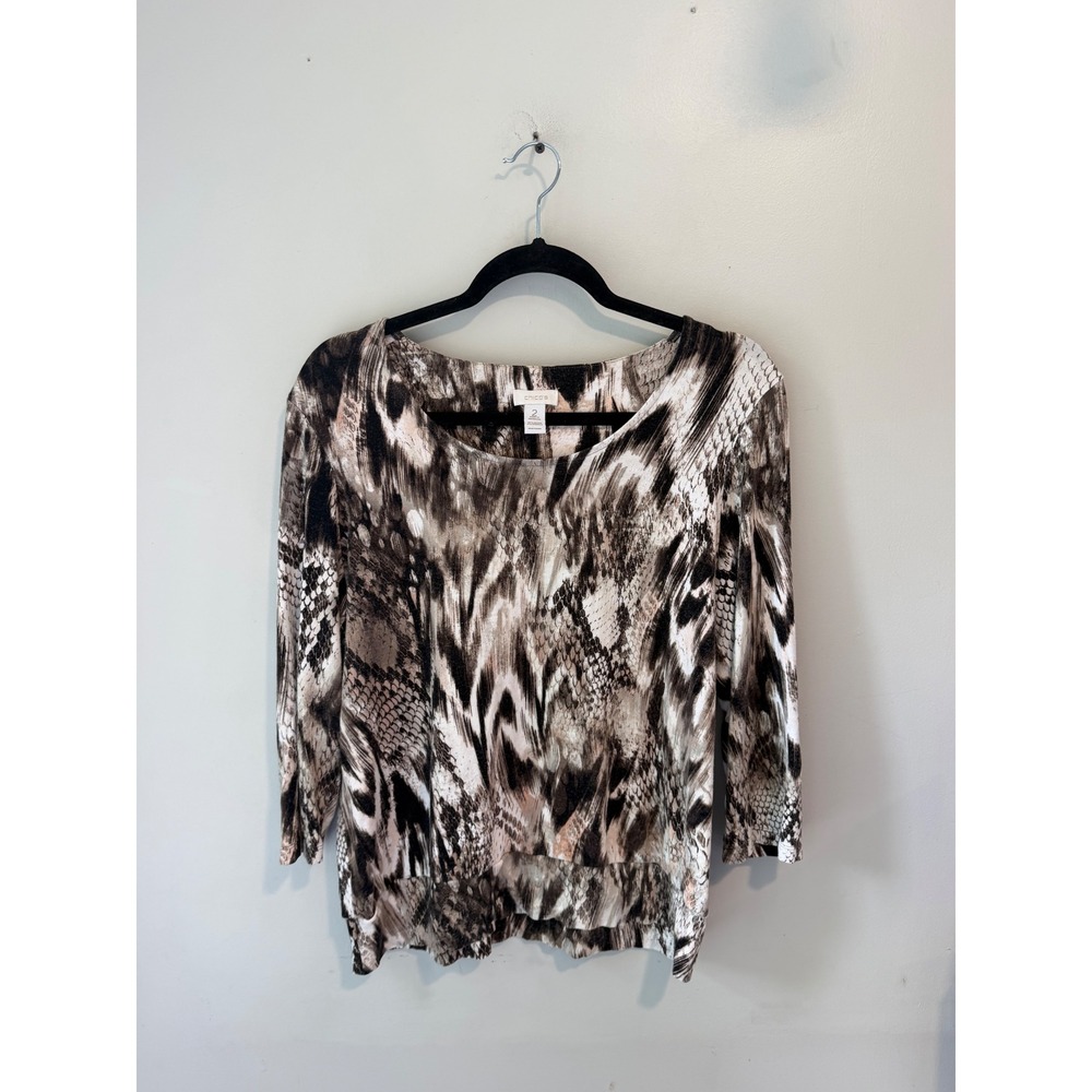 Chicos Womens Size 2 Brown Snakeskin Abstract Print 3/4 Sleeve Scoop Neck Top